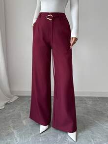 Elenzga Damen elegante, gerade geschnittene Hose mit Gummibund und Metallschnalle, geeignet für Partys, Dates, Alltag, Pendeln, Herbst/Winter - Rot - Übersicht 7