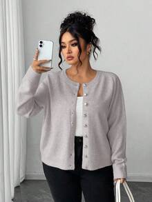 SHEIN LUNE 大码休闲纯色金色纽扣长袖开衫 - 淺灰色 - 查看 6