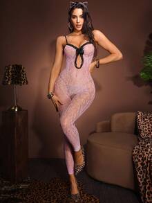 SHEIN Sleeveless Cropped Pink Lingerie Bodysuit With Wild Textured Design Lingerie Jumpsuit Bodystocking Body Stocking Lingerie ClassicAnimalPrint - Pink - View 5