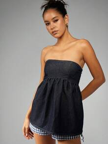 MISSGUIDED Denim Empire Waist Strapless Bandeau Top With Gingham Trim Summer Casual Festival Corset Style Tube Top Contrast Details