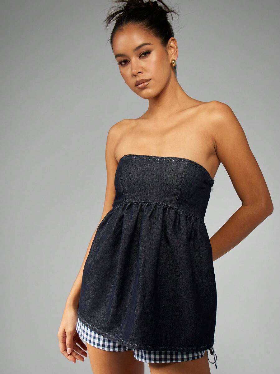 MISSGUIDED Denim Empire Waist Strapless Bandeau Top With Gingham Trim Summer Casual Festival Corset Style Tube Top Contrast Details