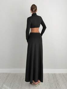 Siren Gaze Women's Black Gold Autumn Elegant High Neck Long Sleeve Hollow Out Metal Decor Maxi Dress,Old Money Style Dining Formal Chic Evening Party Dress - Black - View 5