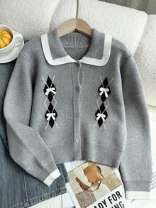 Genkimix Kids 少女菱形花纹蝴蝶结装饰长袖单排扣针织开衫，秋季