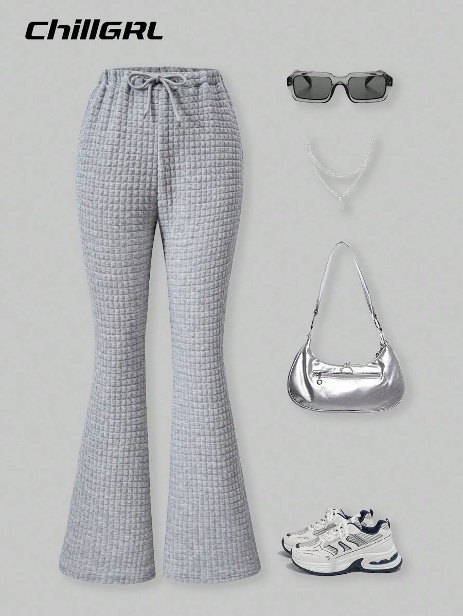 SHEIN Explorewe Teen Girls' Plain Waffle Knit Drawstring Waist Flare Casual Sweatpants Flared Sweatpants Grey Flared Pants - Grey - View 1
