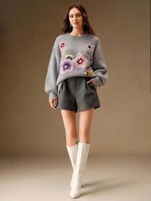 Anewsta Women's Embroidered Floral Knit Pullover Sweater,Gray,Autumn,Elegant,Brunch,Chic Fall Winter Formal Party New Year Christmas Work Wedding - Grey - View 5