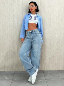 女士休闲通勤低腰直筒牛仔裤 - 中等水洗藍 - 查看 4