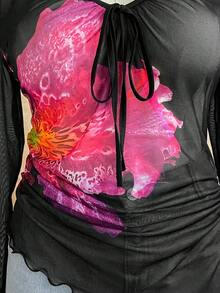 Soleia Plus Size Women Vacation Mesh Floral Print V-Neck Bowknot Asymmetrical Flare Sleeve Asymmetric Ruched Hem T-Shirt