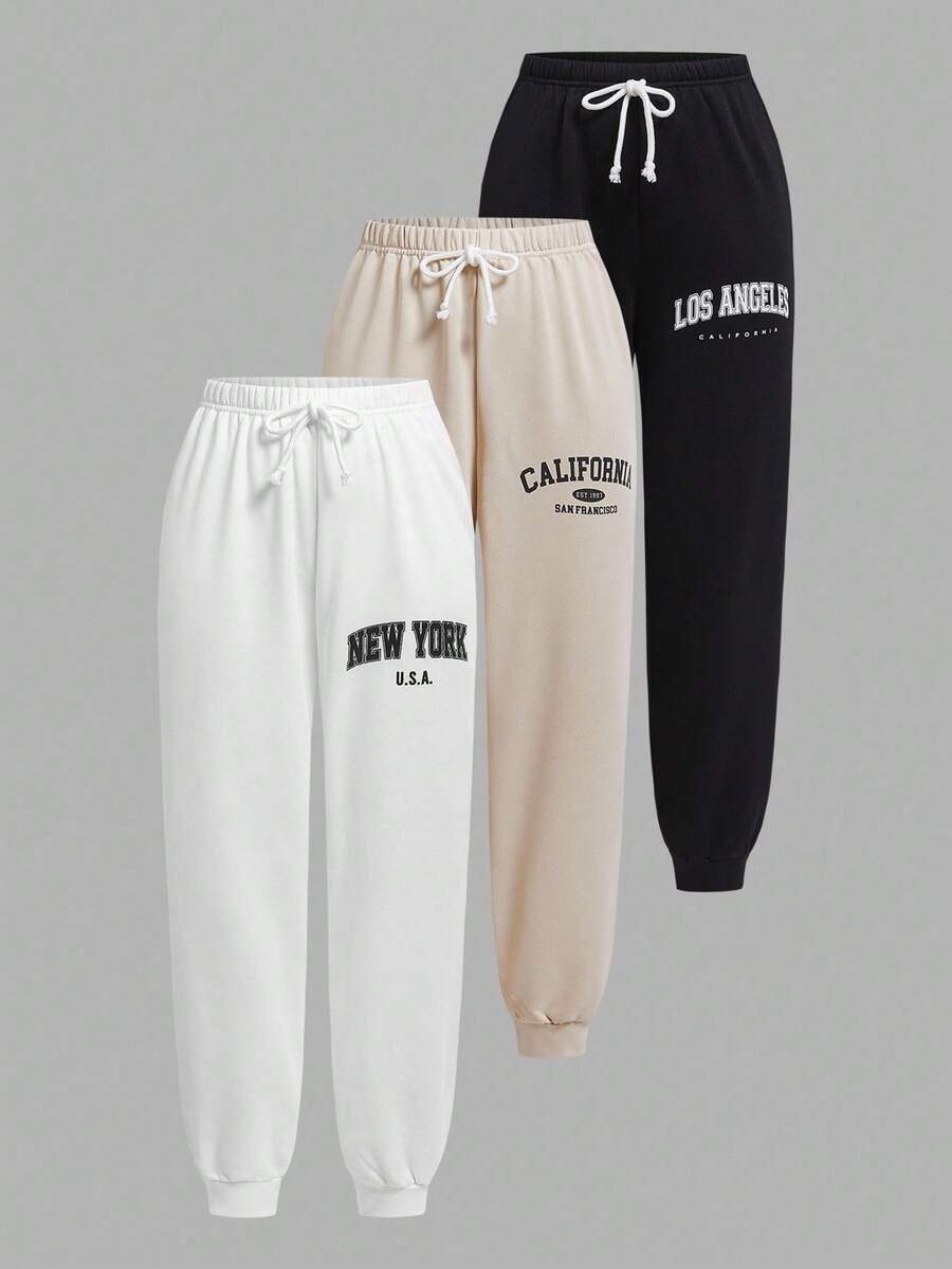 SHEIN Essnce Women's Casual Versatile Letter Print Sweatpants,Fall - Khaki - View 1
