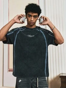 SWAVVY Men's Summer Short Sleeve Round Neck T-Shirt With Whole Piece Snowflake Spray Printing Pattern, 2000s Style