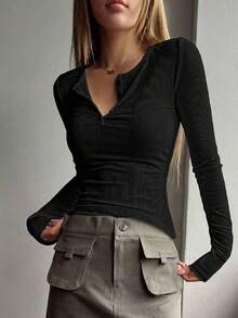 DAZY Camiseta tipo henley de manga larga con botones hasta la mitad, ropa de otoño