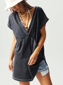 Bohemela Bohemian Style Solid Color V-Neck Sleeveless Loose Washed Knit Mini Dress For Women, Suitable For Music Festival, Beach Vacation - Black - View 6