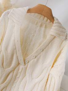 CosyJoli Plus Size Women's Apricot Casual Cable Pattern Drop Shoulder Long Sleeve Pullover Sweater, Autumn Women Knitwear Collared Sweater Lightweight Sweater V-Neck Sweater Cable Knit Sweater - Apricot - View 4