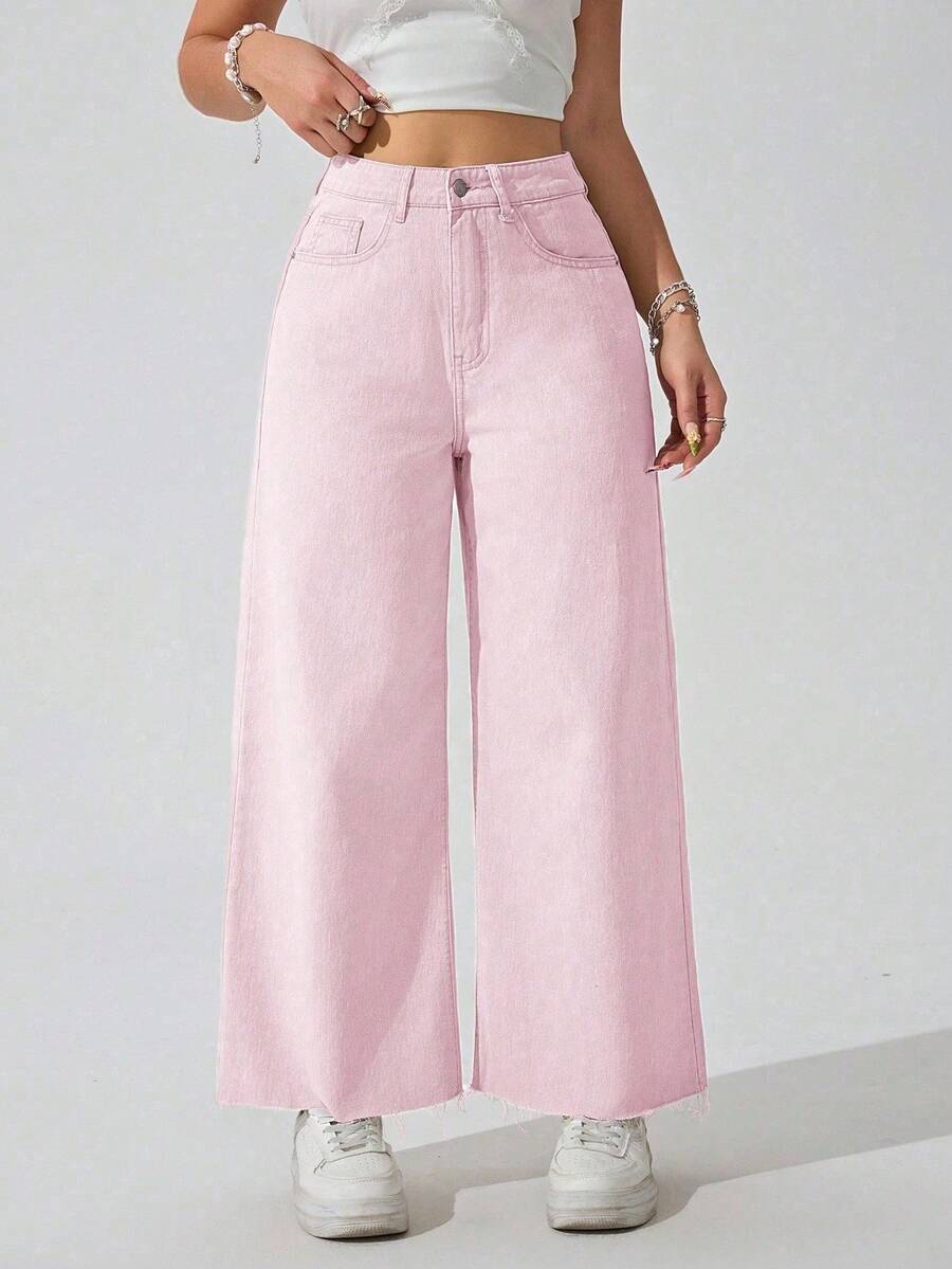 SHEIN ICON 女式休闲宽松阔腿纯色牛仔裤 - 粉色 - 查看 1