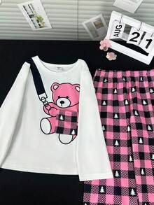 2 件套可爱熊印花长袖睡衣套装，包含适合小女孩的格子长裤 - 彩色 - 查看 4