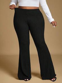 Hourglow Ceceforeign_ Plus Size Elastic Waist Casual Wide Leg Long Ribbed Flare Pants, Suitable For Autumn And Summer, For Hourglass Body Shape