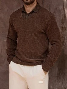 Manfinity Homme Men's V-Neck Long Sleeve Casual Loose Pullover Sweater, Autumn, Old Money - Brown - View 6