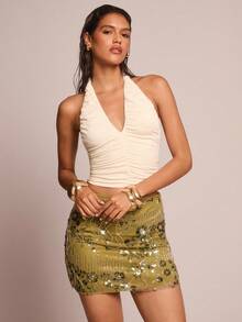 Glamine Beige Color Halter Neck Backless Ruched Top,Going Out Top,Date Night,Basic Top,Women Club,Streetwear