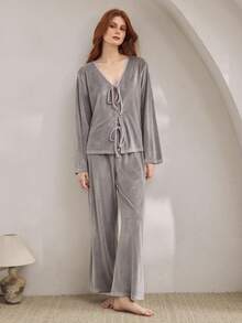 Ocili Set de pijamale pentru femei, 2 buc, cu mânecă lungă și pantaloni largi, casual, cu nod în față, set de pijamale moi, haine de toamnă