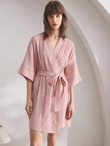 Ocili 女士纯色半袖系带休闲家居服睡袍 - 粉色 - 查看 5