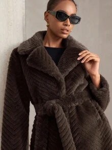 Aveloria Modichic Winter New Lapel Long Over-The-Knee Faux Fur Coat - Brown - View 5