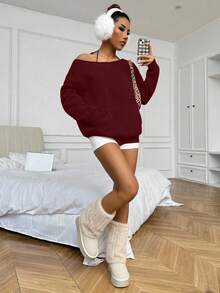 Flirla 女式纯色露肩长袖宽松羊毛运动衫 - 酒紅色 - 查看 5