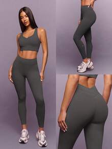 GLOWMODE 24" FeatherFit™-Sculpt Power Form Soft Stretchy Compressive Crossover Back Leggings High-Impact Running Jogging Training Gym Studio Daily Active Wear - Dark Grey - View 7