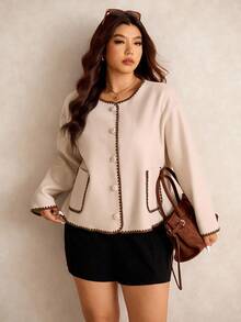 Elaquor Plus Size Women Floral Trim Round Neck Long Sleeve Single-Breasted Casual Jacket, Autumn Winter Fall Fall/Winter - Apricot - View 3