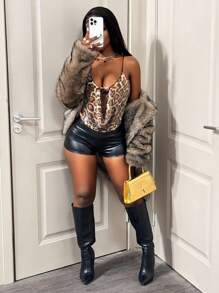BamGleam Sexy Glitzer Tiefer Ausschnitt Spaghetti-Träger Tiefer Ausschnitt Leoparden-Muster Camisole für Frauen - Verschiedenfarbig - Übersicht 3