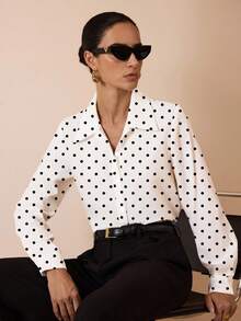 Glamance Anis Illustration Women's Polka Dot Print Long Sleeve Shirt, Office Wear Top For Commuting, Autumn Polka Dot Shirt Polka Dot Top Business Casual Top For Women Women Elegant Shirt