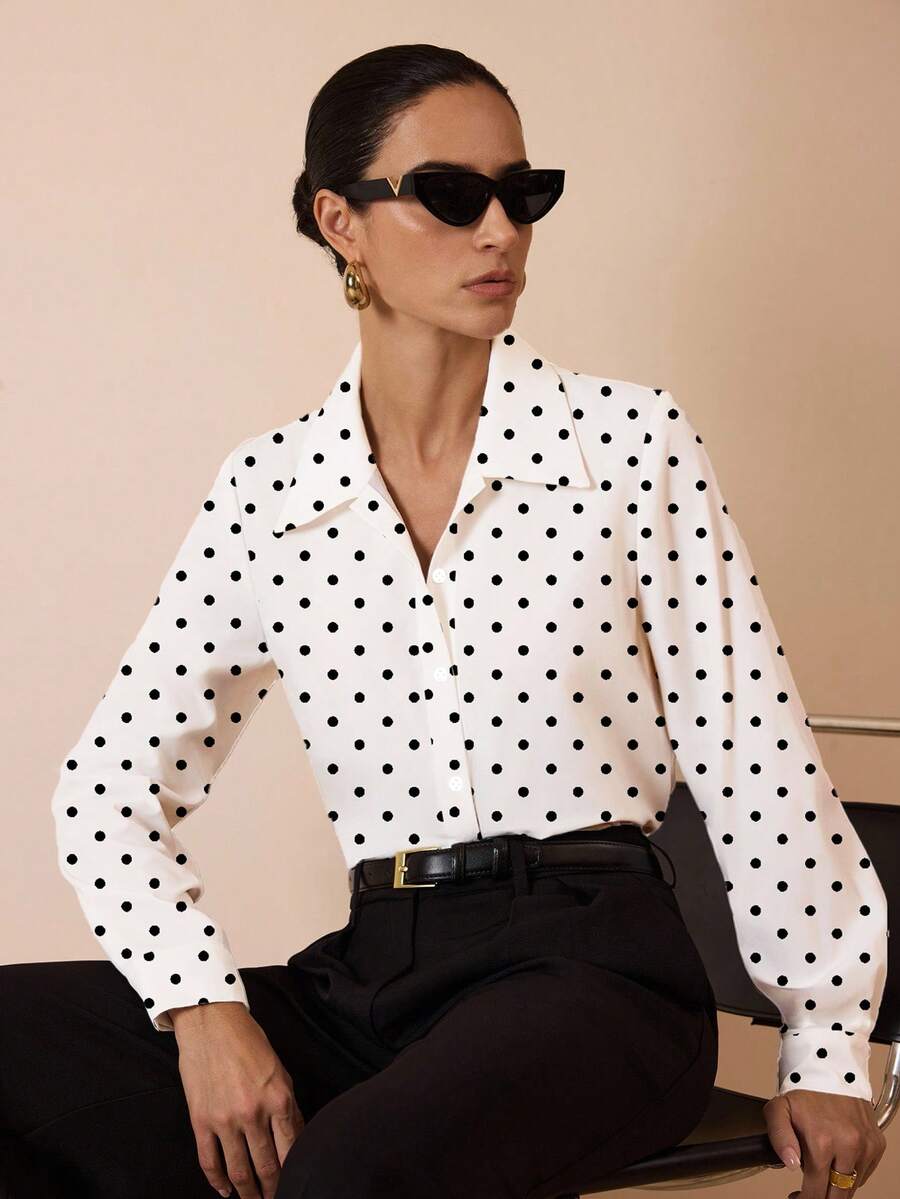 Glamance Anis Illustration Women's Polka Dot Print Long Sleeve Shirt, Office Wear Top For Commuting, Autumn Polka Dot Shirt Polka Dot Top Business Casual Top For Women Women Elegant Shirt