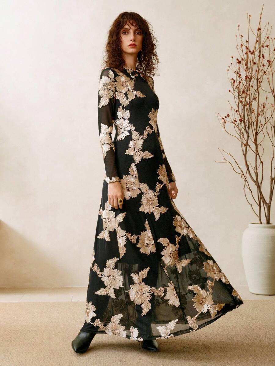 Arave Women's Casual Floral Print Dress, Autumn Fall Cloth For Women - Black - View 1
