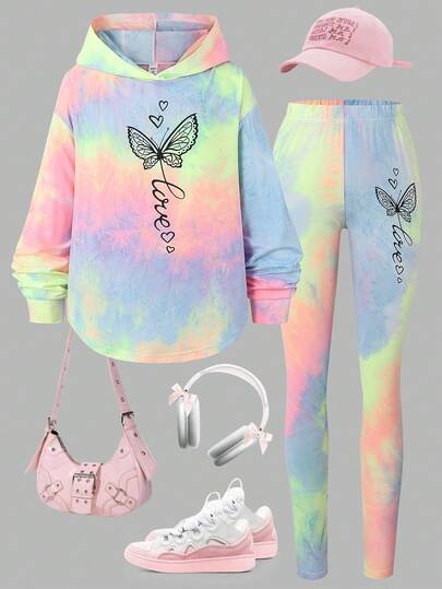 SHEIN Sparklyn 2pcs Girls Tie-Dye Hooded Asymmetrical Hem Long Sleeve Top And Leggings Set Fall Winter