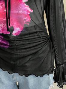 Soleia Plus Size Women Vacation Mesh Floral Print V-Neck Bowknot Asymmetrical Flare Sleeve Asymmetric Ruched Hem T-Shirt