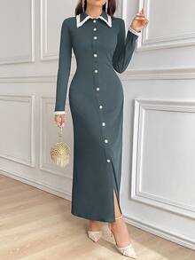 Modelyn Women's Contrast Trim Pearl Button Casual Commuting Long Modest Long Sleeve Dress Long Evening Dresses - Blue - View 3