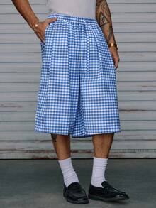 AXEPEAK Men's Woven Casual Loose Plaid Elastic Waist Straight Leg Shorts - Blue and White - View 4