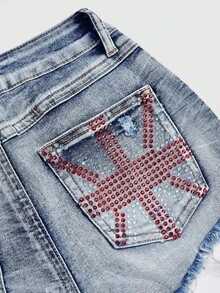 ROMWE Grunge Punk Rhinestone Distressed Washed Super Short Denim Shorts - Blue - View 4