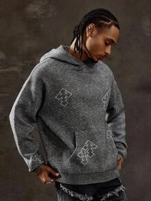 ROMWE MEN Goth Men's Casual Cross Pattern Pocket Hoodie Sweater, Autumn/Winter