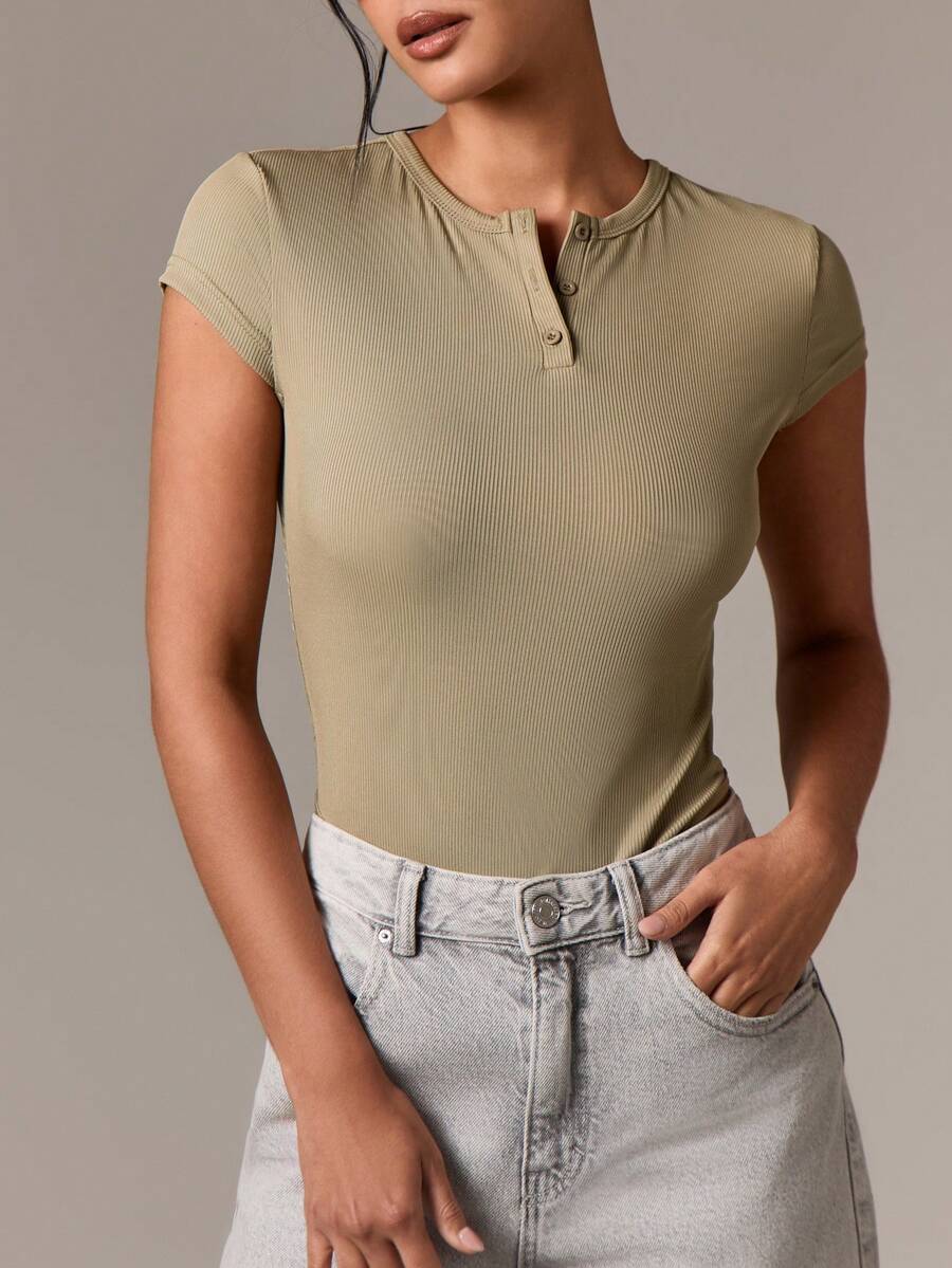 AiiRZ Ribbed Henley Bodysuit Form Fitting Short Sleeve Button Front Essential Basic Summer Spring Casual Everyday Wear Stretchy Comfort Classic