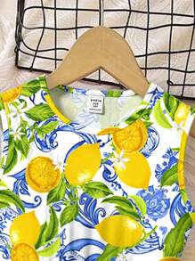 SHEIN Leap Crew Tween Girls' Cute Lemon Graphic Sleeveless Mid-Length Casual Dress, Summer - Multicolor - View 3