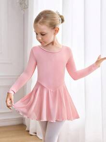 小女孩长袖粉色芭蕾舞裙，圆领，前部褶皱设计，可爱的蝴蝶结后背设计，柔软轻盈的网眼裙，裆部按扣，高弹力，亲肤，适合舞蹈、瑜伽和运动穿着