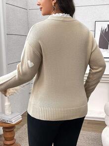 EMERY ROSE Elegant Heart-Shape V-Neck Lace-Up Knit Sweater