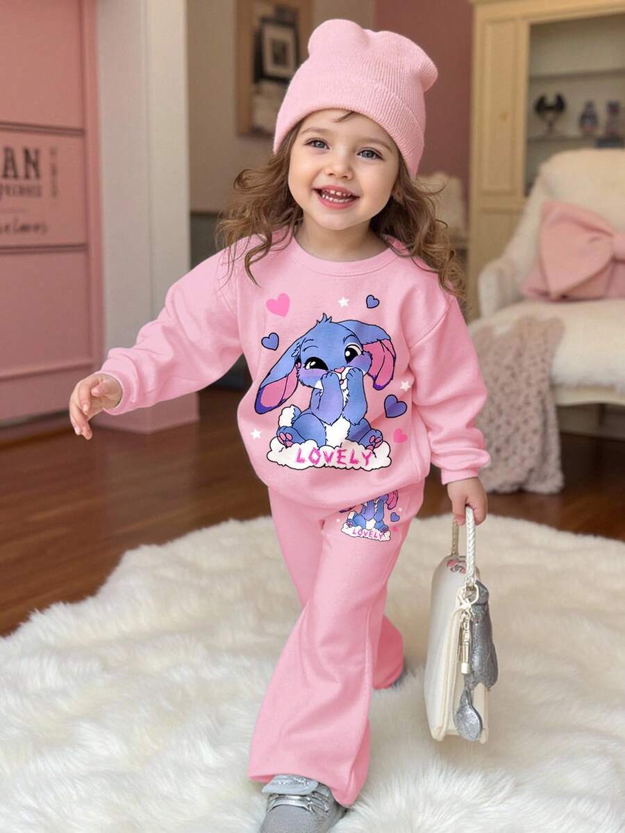 SHEIN Bright Pink, Cute Funny Cartoon Blue Rabbit Lulu, Stitch Pattern, Baby Girl Casual Minimalist Thick Soft Crew Neck Long Sleeve Hoodie And Flare Pants Chic Outfit, Suitable For Autumn/Winter Fall - Multicolor - View 1