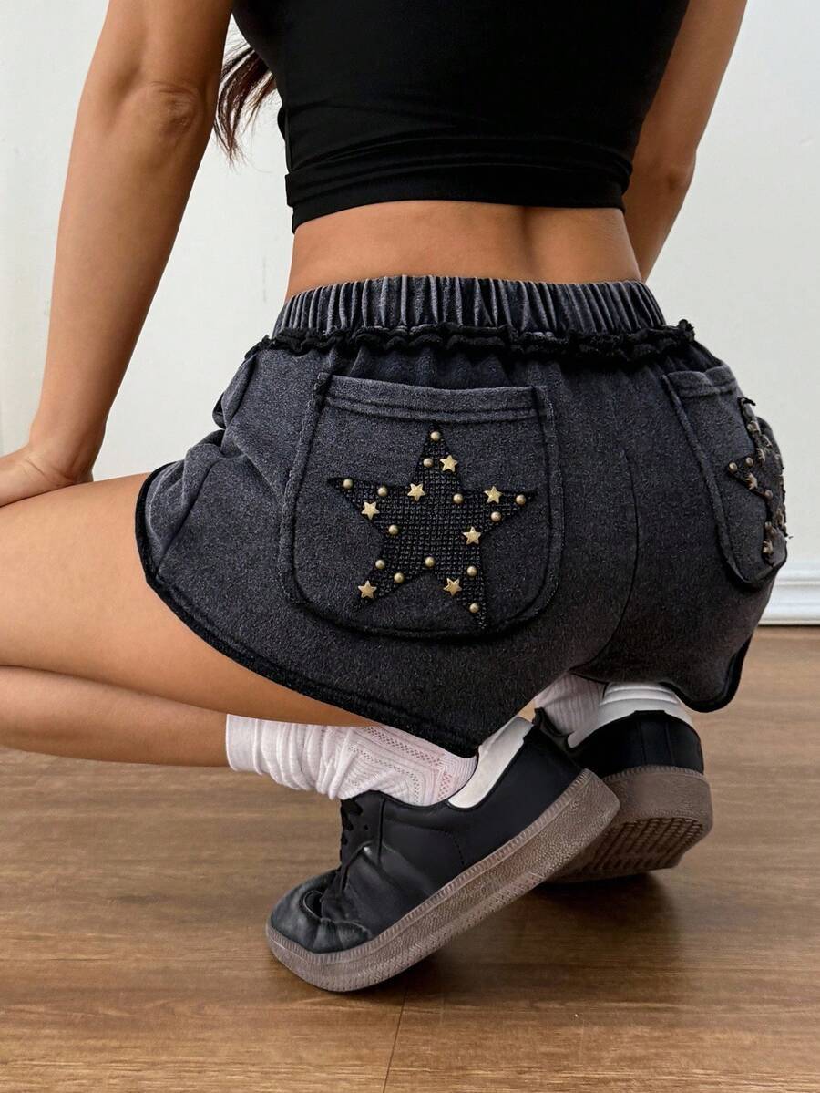 SHEIN PETITE Quần short giặt họa tiết ngôi sao cạp chun thường ngày cho nữ, mùa hè - màu đen - Xem 1