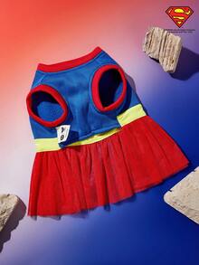 SUPERMAN X PETSIN 1pc Printed Tulle Dress, Suitable For Cats & Dogs, Pet Apparel