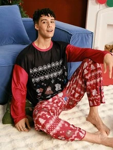 ELF X SHEIN Men's Christmas Themed Colorblock Long Sleeve Top And Pants Loungewear Set