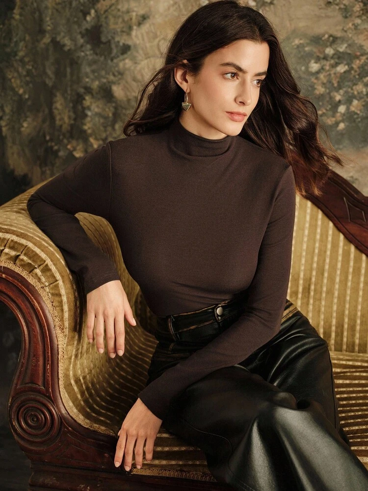 Maglione a collo alto da donna a maniche lunghe, aderente, adatto per autunno/inverno, Natale, Capodanno, elegante, di lusso, chic, casual