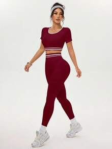 Dewbera Bộ đồ thể thao liền mạch áo crop top và quần legging kẻ sọc tương phản dành cho nữ - Màu Đỏ Sâu - Xem 7