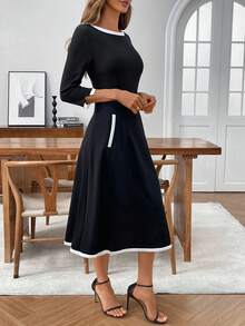 Miaspire Women's Color Block Round Neck 3/4 Sleeve Elegant Midi Commuter Dress,Fall Wedding Guest Dress - Black - View 6