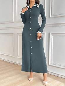 Modelyn Women's Contrast Trim Pearl Button Casual Commuting Long Modest Long Sleeve Dress Long Evening Dresses - Blue - View 4