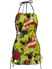 Shutterstock Y2Kool Tie-Dye, Neon Green, Ombre, Skull, Heart, Rose, Old School Print, Halloween, Lace-Up, Dark, Streetwear, Y2K, Baddie, Casual Women's Bodycon Mini Dress, Suitable For Summer, Autumn, Vacation, Gathering, Party, Daily Wear Skull Dress Graphic Dress Punk Dress Y2k Dress Sexy Dress - Multicolor - View 5